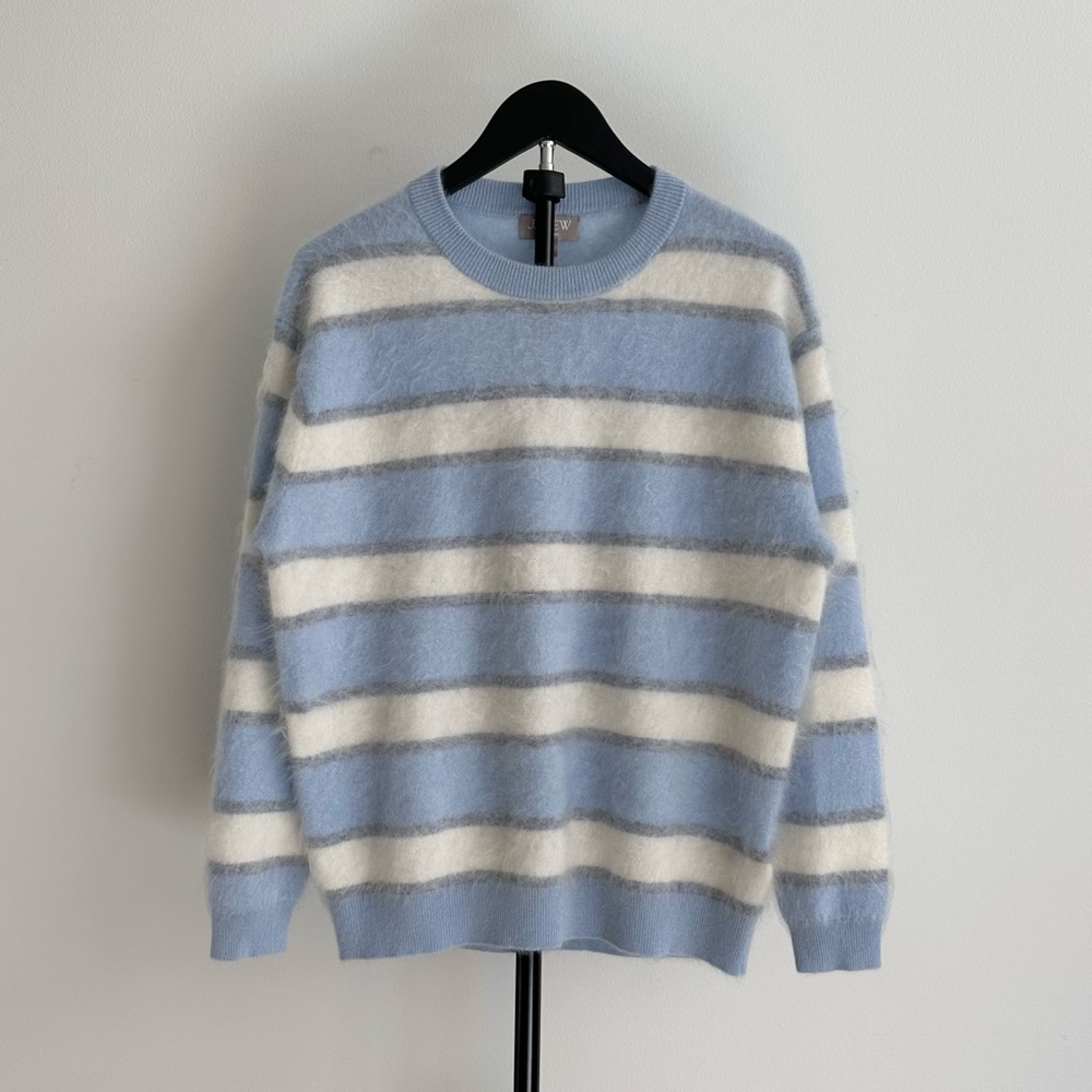 J Crew Brushed Cashmere Blue White Stripe Oversize Crewneck Sweater Size XXS NWT